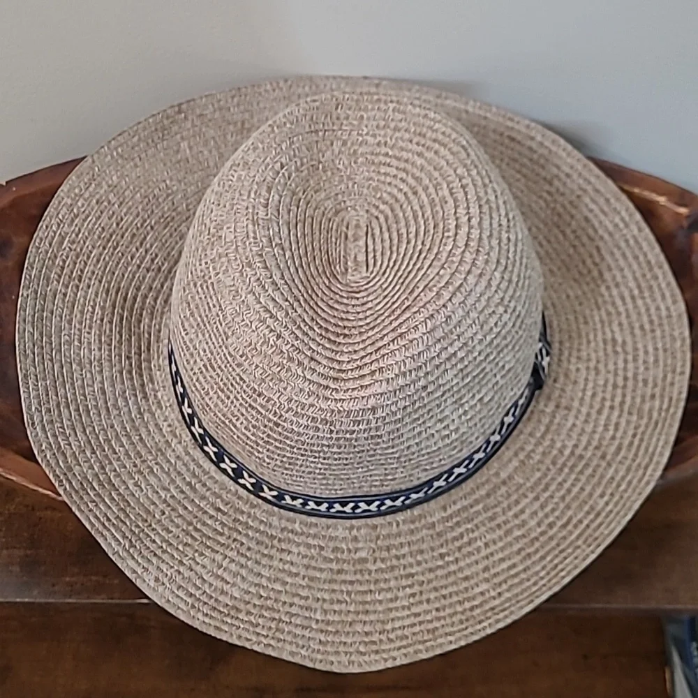 Chico's Tan Fedora with Navy Blue Ribbon Accent